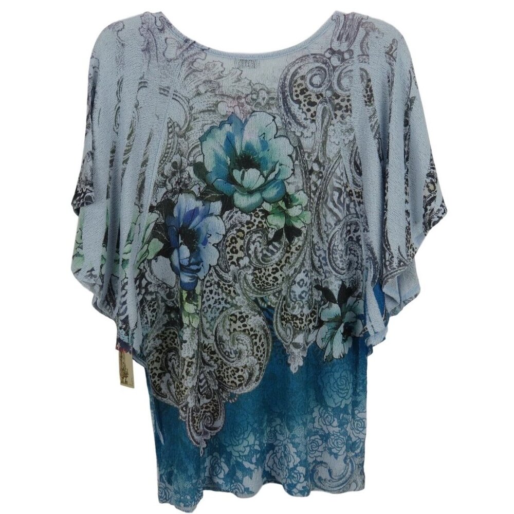Cactus Top Tunic Women Size Small Floral Sequined Winged Sleeve Blue Multi - Picture 4 of 4